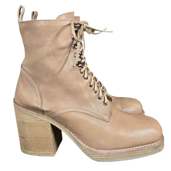 Jeffrey Campbell Dotti Boots Women 10 Beige Heeled Leather Lace Up Combat Anthro - Picture 1 of 11